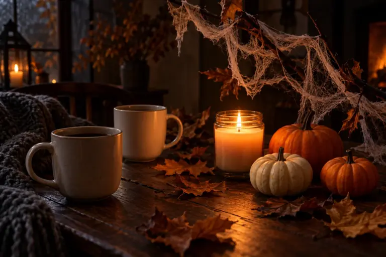 Two plain mugs, a candle and small pumpkins on a dark table.