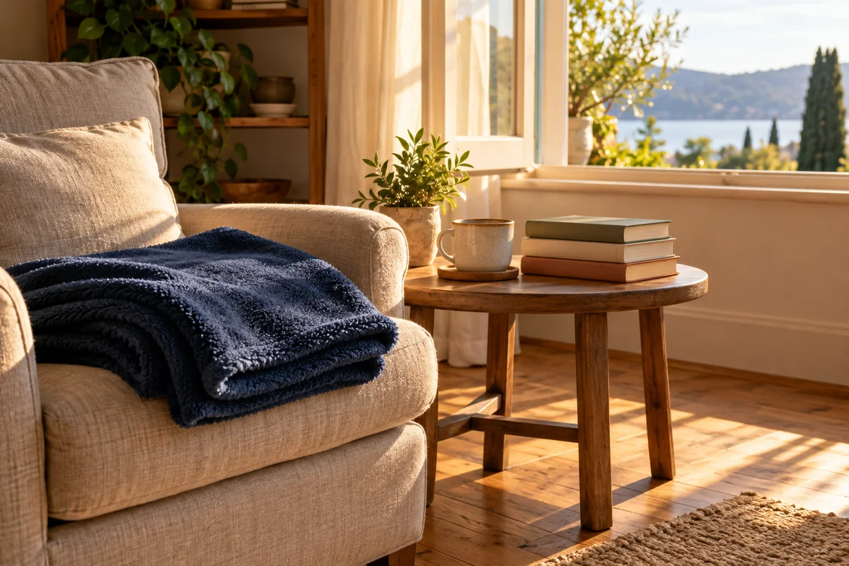 A folded blue blanket and an open window with sunlight falling across a wooden floor.