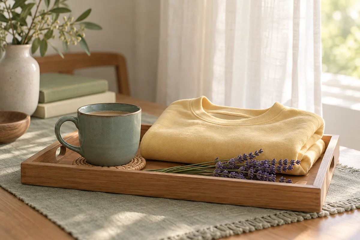 A small tray with a mug, a folded shirt and a sprig of lavender on a quiet table.