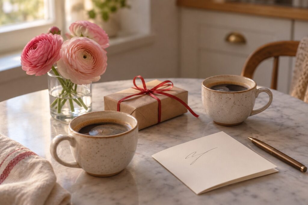 A couple's shared breakfast table with a handwritten card, two cups and a small wrapped gift.