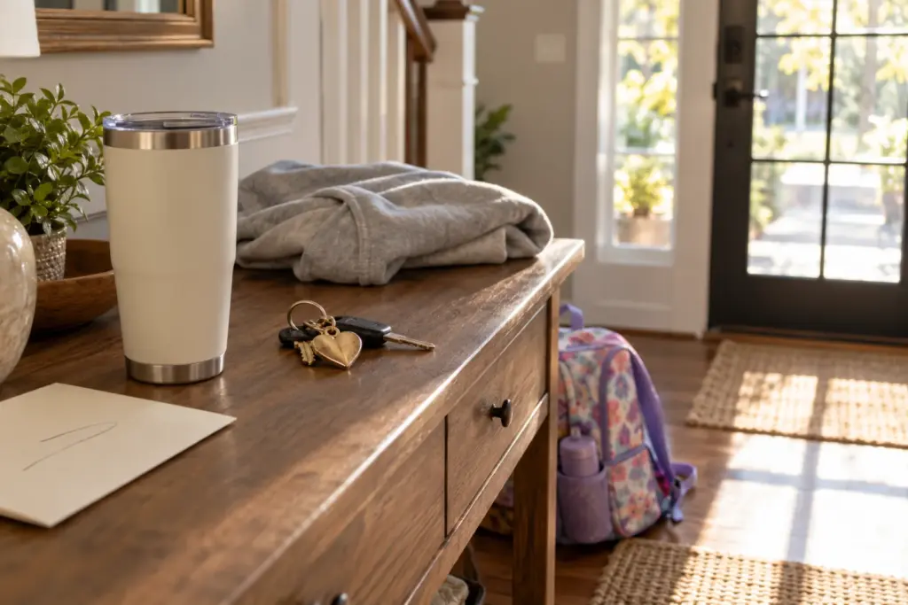 A keychain, a large tumbler and a folded sweatshirt on a hallway table near a school bag.