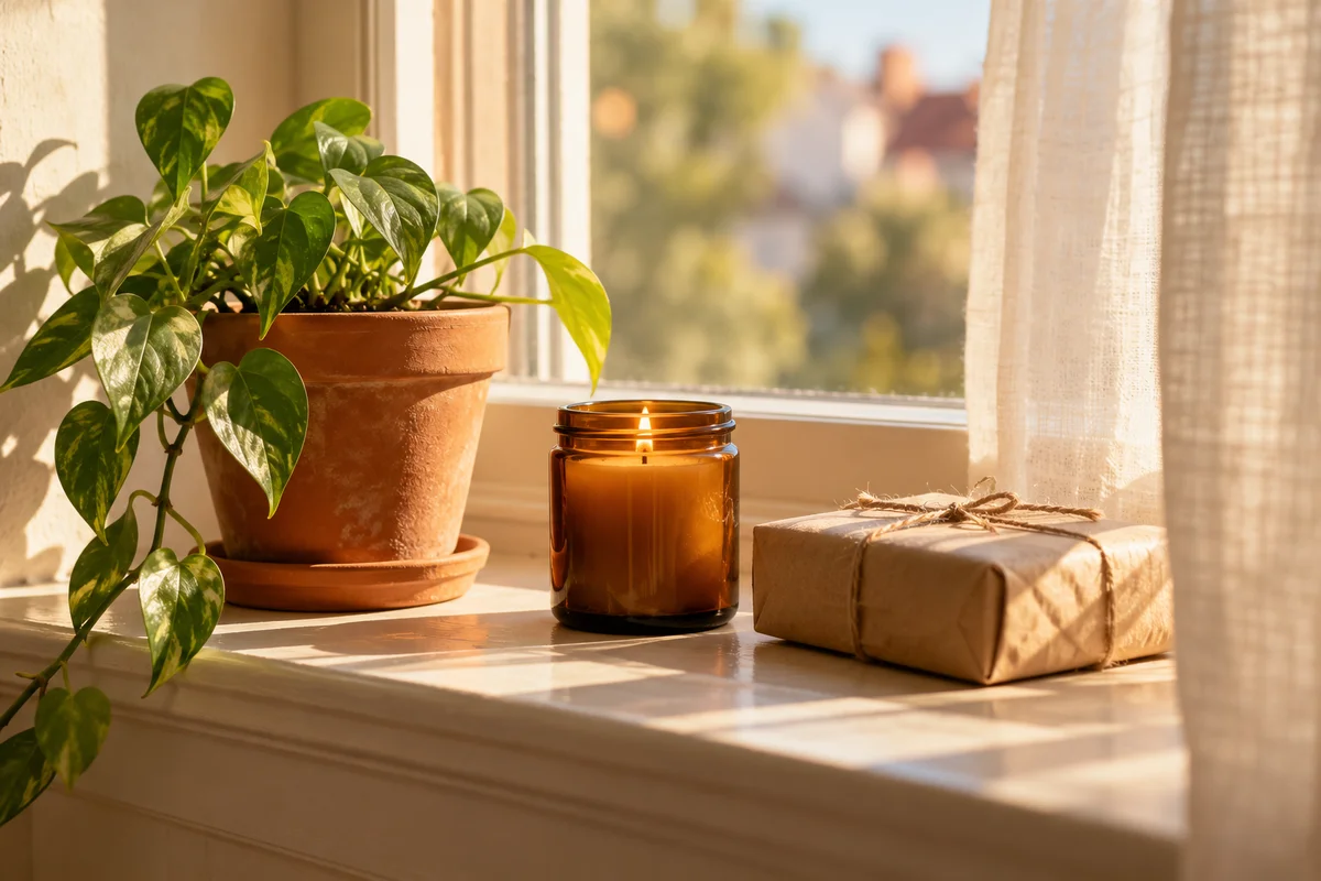 A small potted plant, a plain candle jar and a wrapped parcel on a sunny windowsill.