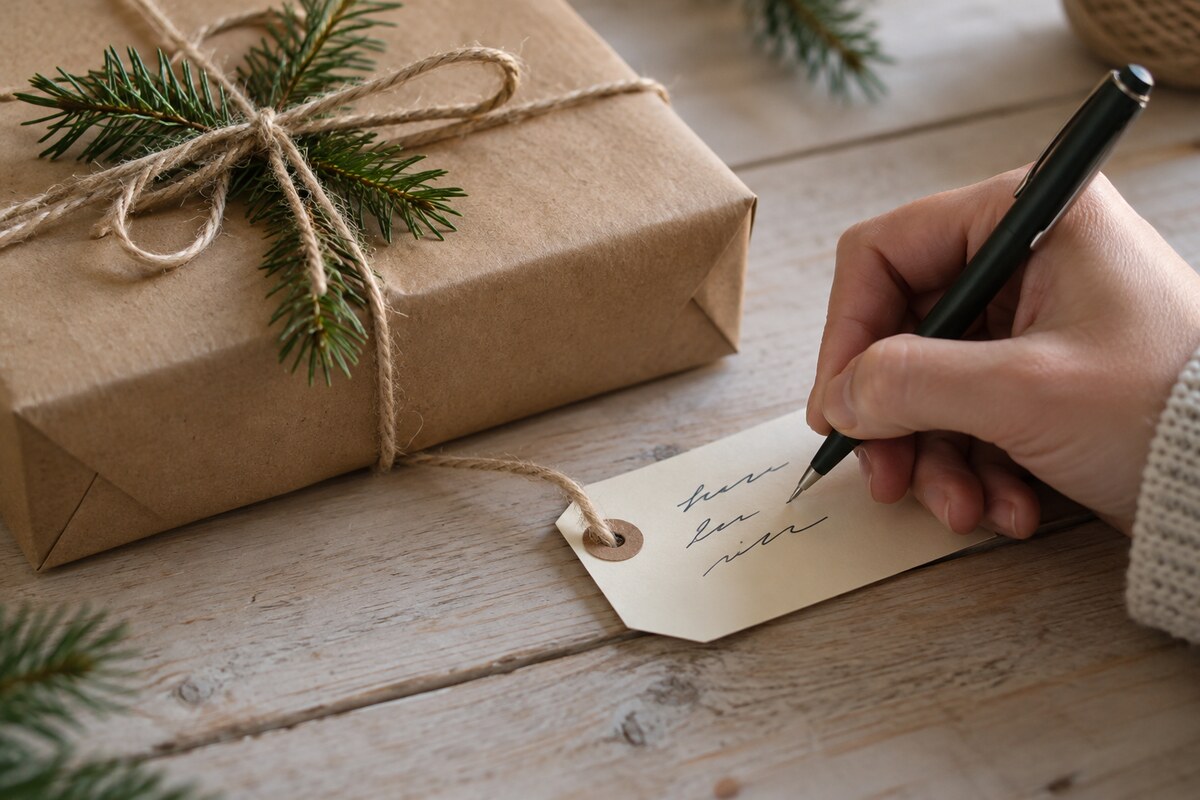 A hand writing a short gift tag beside a wrapped parcel and sprig of fir