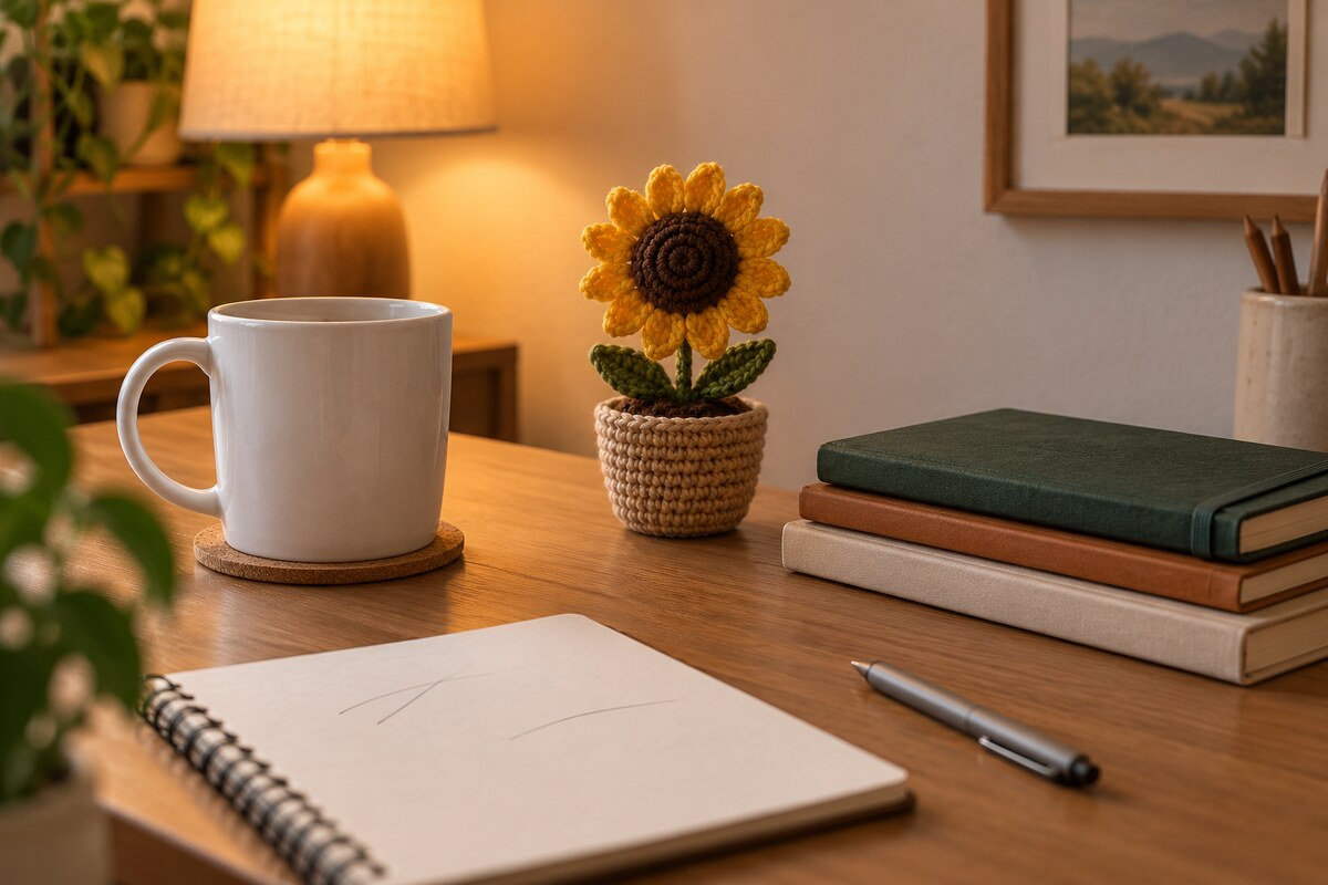A mug and a small potted crochet sunflower on a desk next to a stack of notebooks