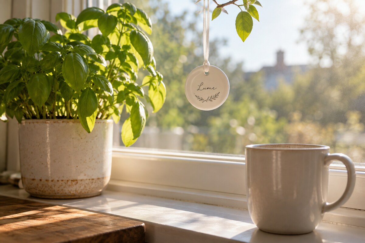 A small round ornament hanging in a sunny window beside a potted plant