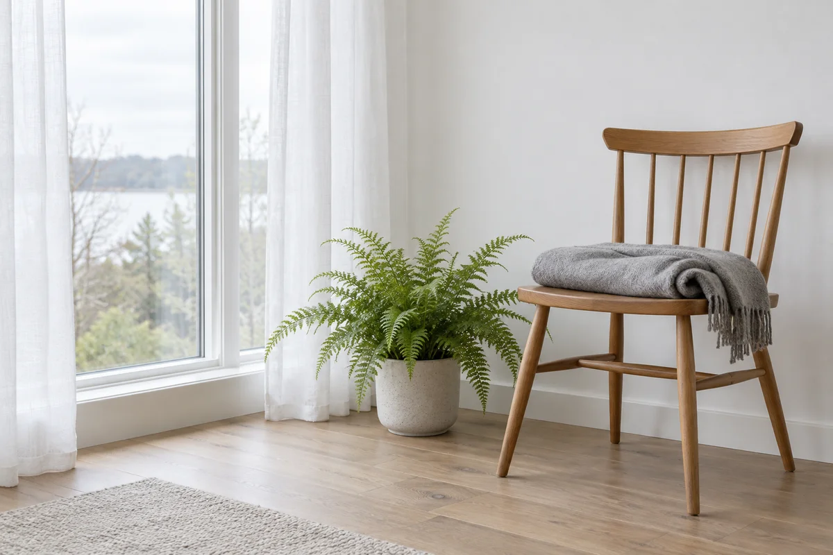 A bright window and a plain white wall with soft even daylight on a chair.