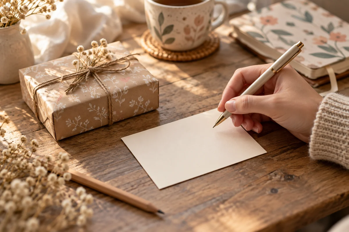A hand holding a pen above a blank card beside a small wrapped parcel