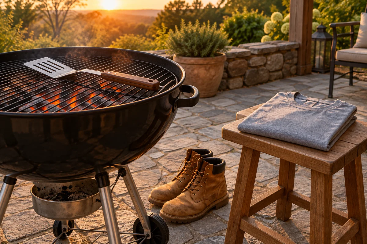 A folded gray tee and a pair of work boots beside a grill on a backyard patio.