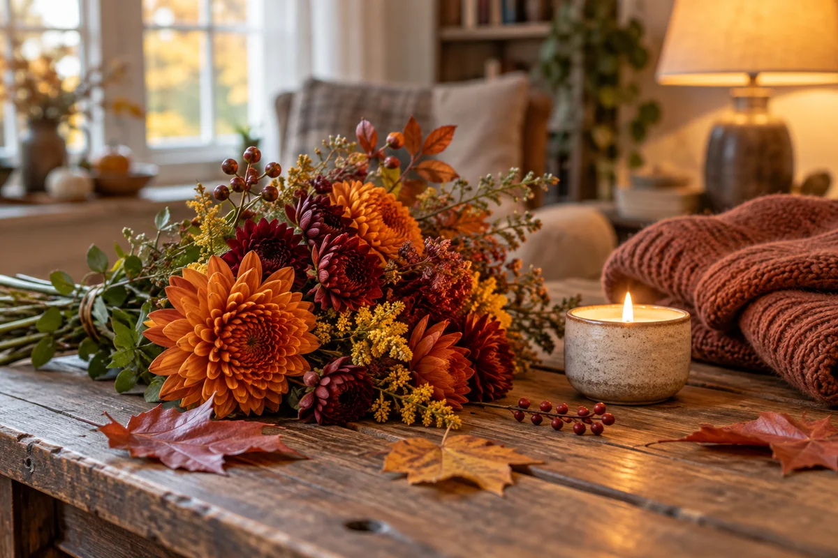 A bouquet of orange and burgundy autumn flowers beside a lit candle and fallen leaves on a table.