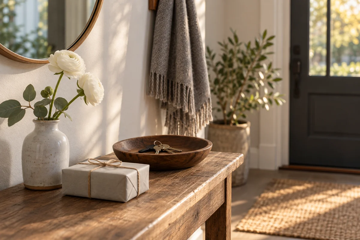A plain gift box, a small vase and a folded scarf on a quiet entryway table.