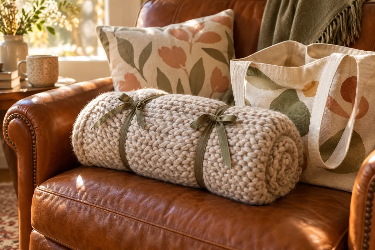 A rolled throw tied with two ribbons beside a tote bag on an armchair