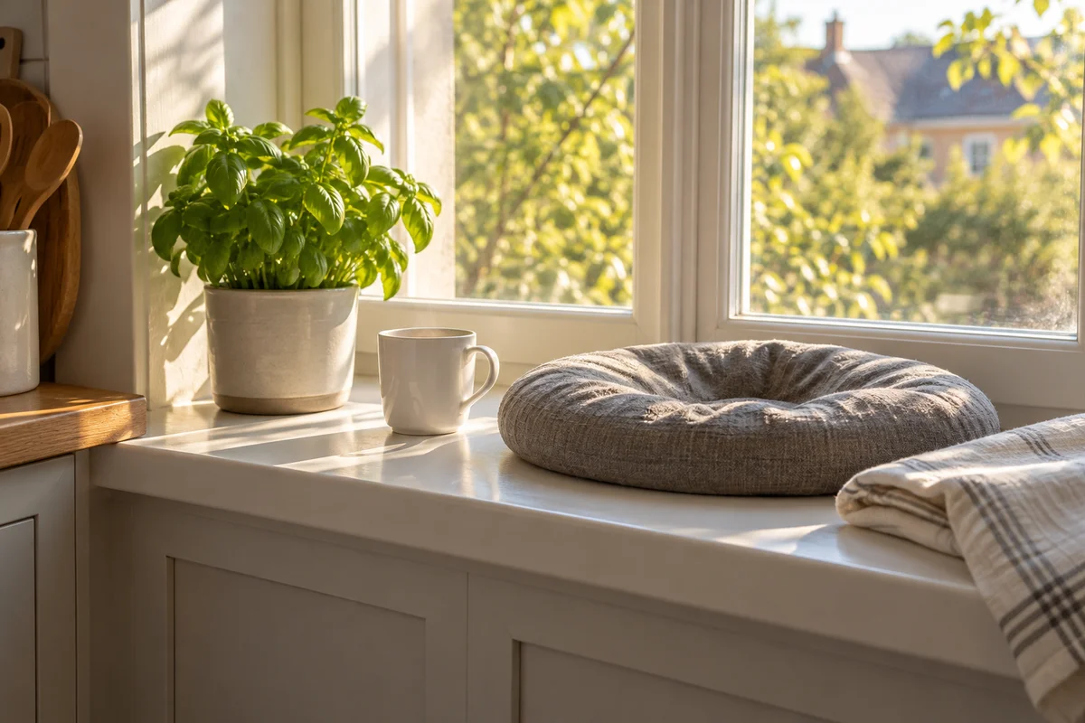 A kitchen windowsill with a plain mug, a potted herb and a sleeping cat’s empty cushion.