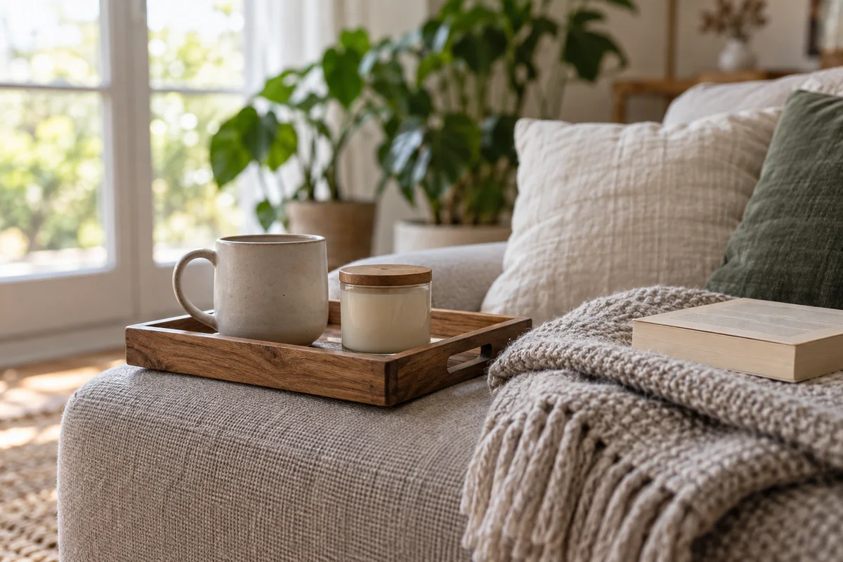 A folded oatmeal-toned throw and a small tray holding a cup and a candle.