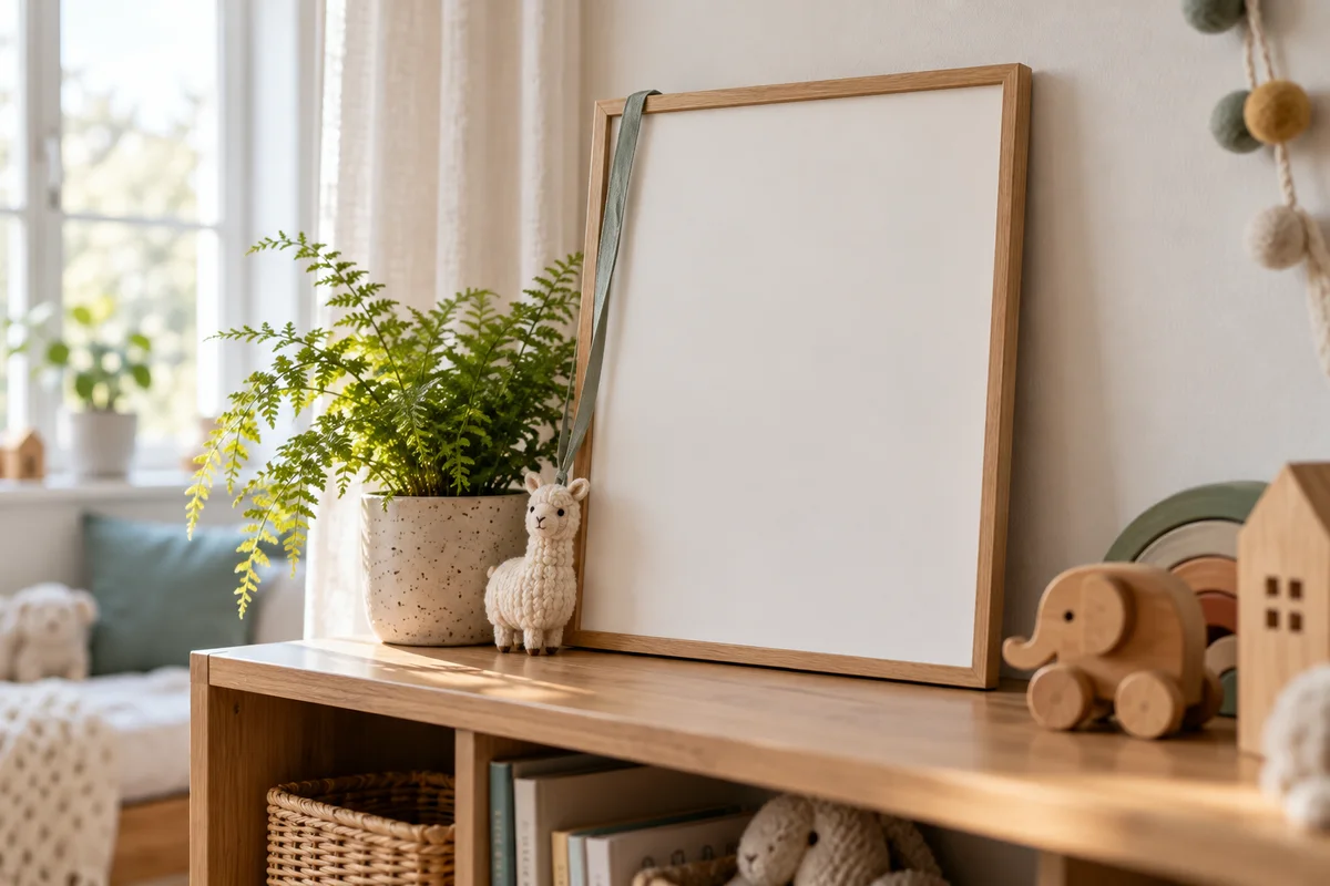 A blank framed poster leaning on a shelf beside a potted fern and toys in a child's room.