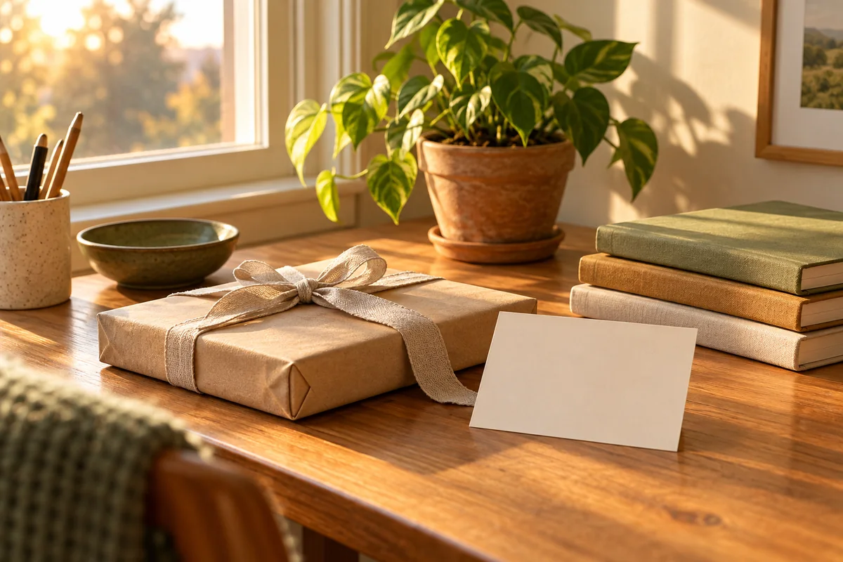 A rolled canvas tied with ribbon, a blank card and a small plant on a desk at the end of the year