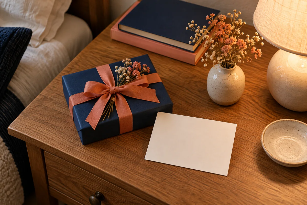 A blank card and a small wrapped parcel on a wooden bedside table.