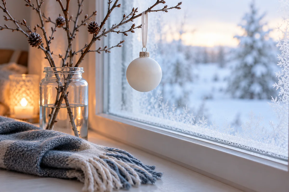 A plain round ornament hanging on a branch near a frosted window.