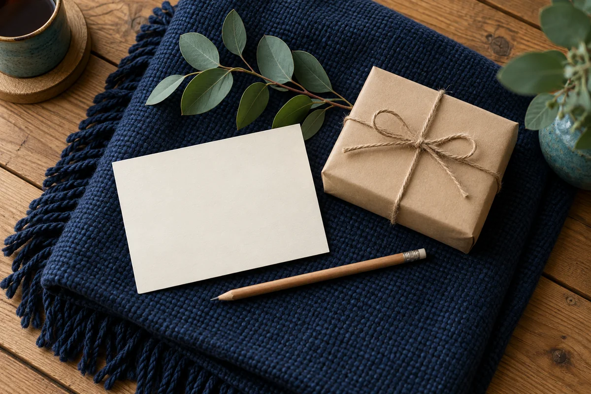A blank card, a pencil and a small gift on a folded blanket.