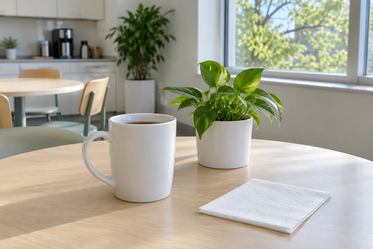 A plain mug and a small potted plant on a hospital-style break room table by a window.