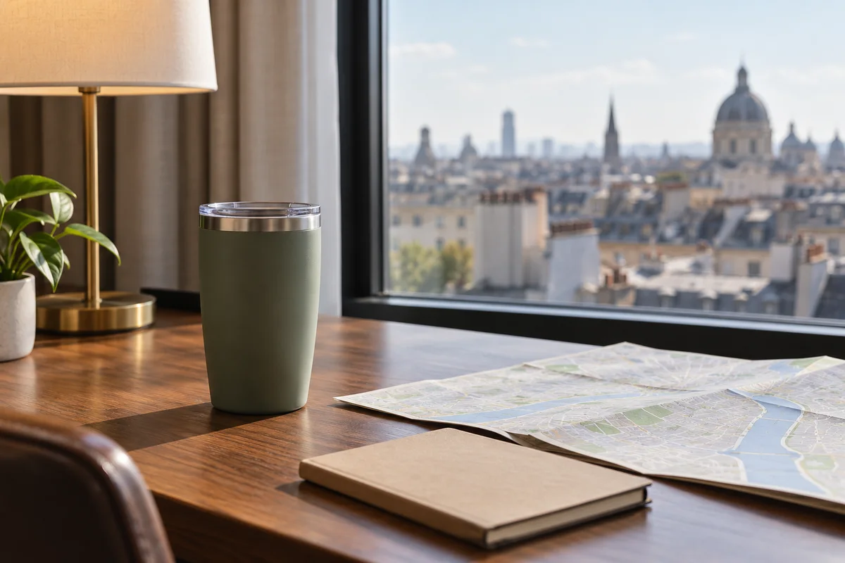 A matte tumbler resting on a hotel desk beside a folded map and a passport-style notebook.
