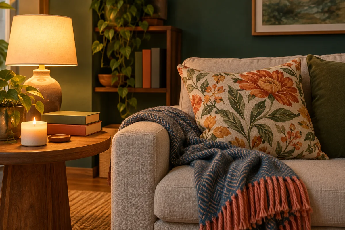 A cozy sofa corner with a floral pillow, a folded throw and a lit candle on a side table.