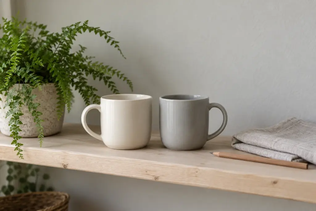 Two plain mugs side by side on a pale shelf next to a small plant.