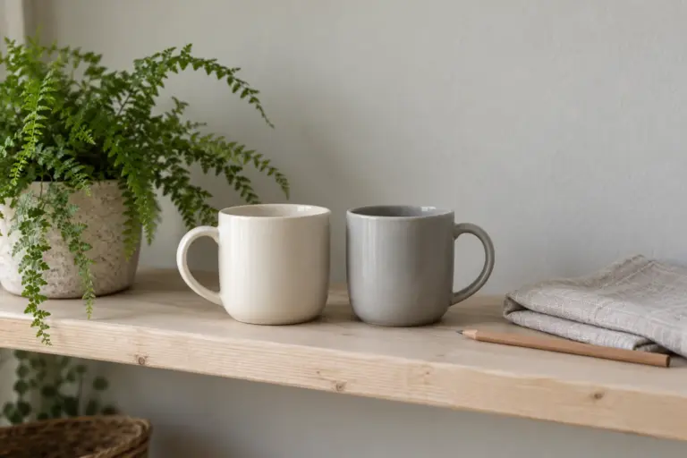 Two plain mugs side by side on a pale shelf next to a small plant.