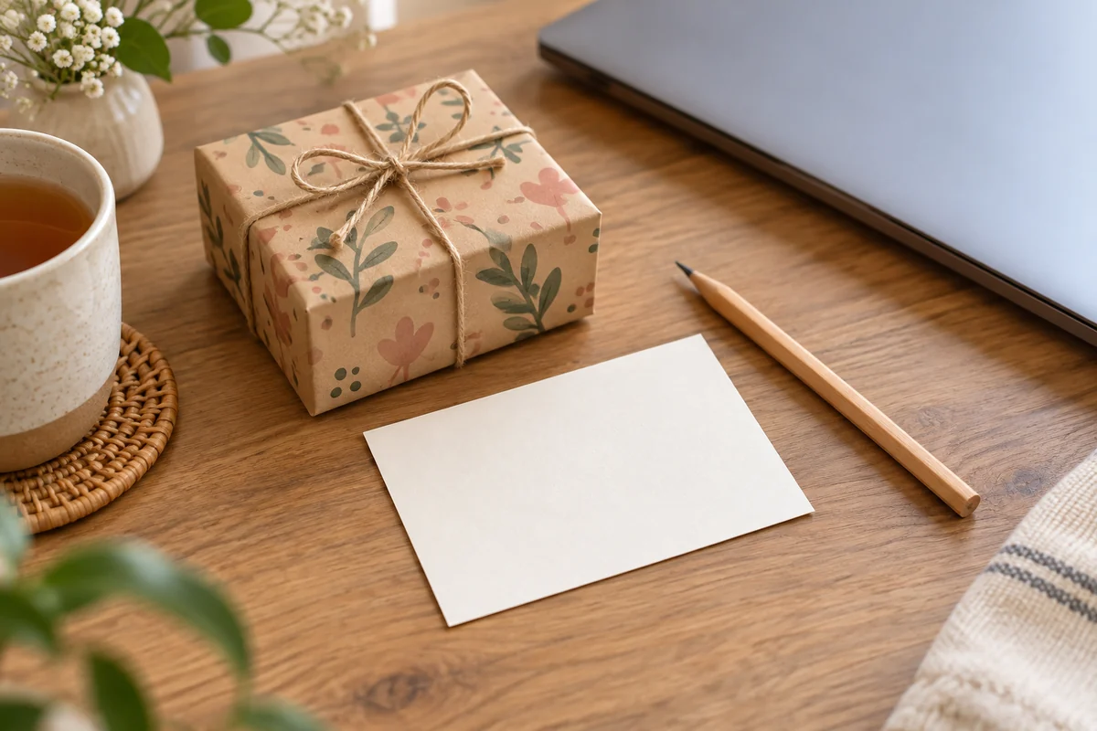 A shopping bag icon style scene with a gift box and a small card on a table