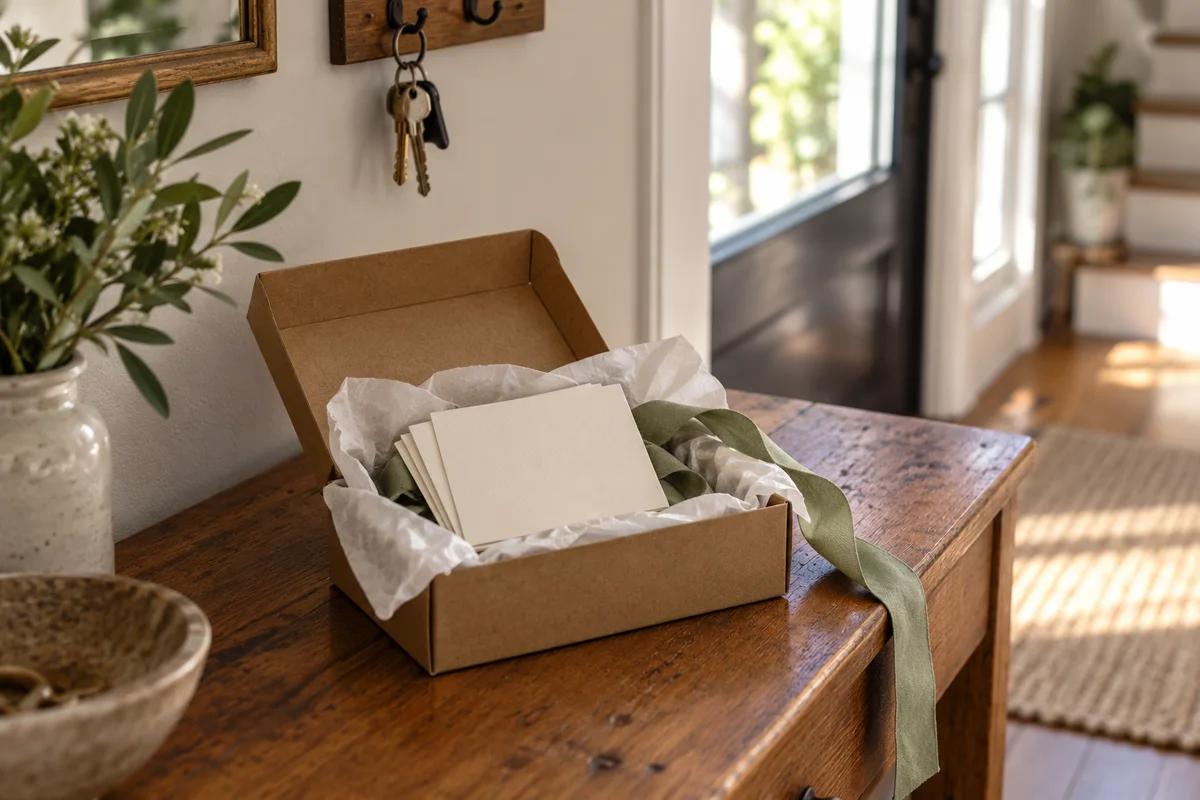 A small box filled with tissue paper and blank cards on a hallway table.