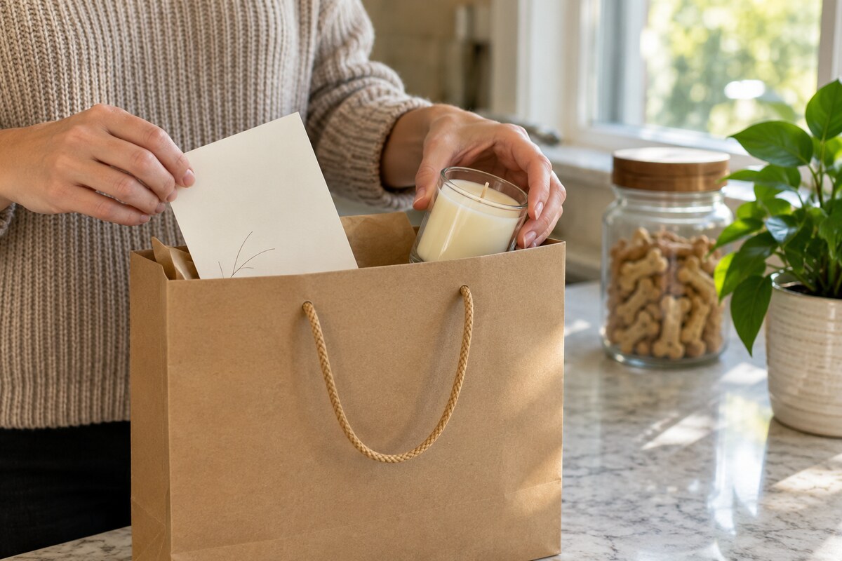A hand placing a blank folded card and a small candle into a paper gift bag