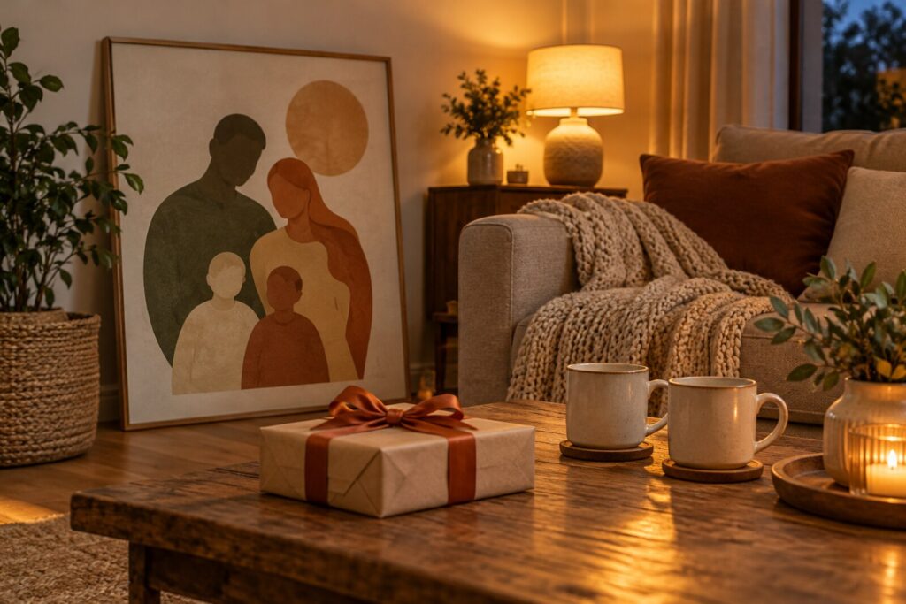 A family table with a wrapped gift, a framed print, mugs and a folded blanket in warm light.