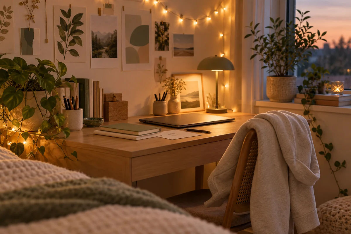 A teenager's room corner with a desk, a string of lights and a folded hoodie on a chair.