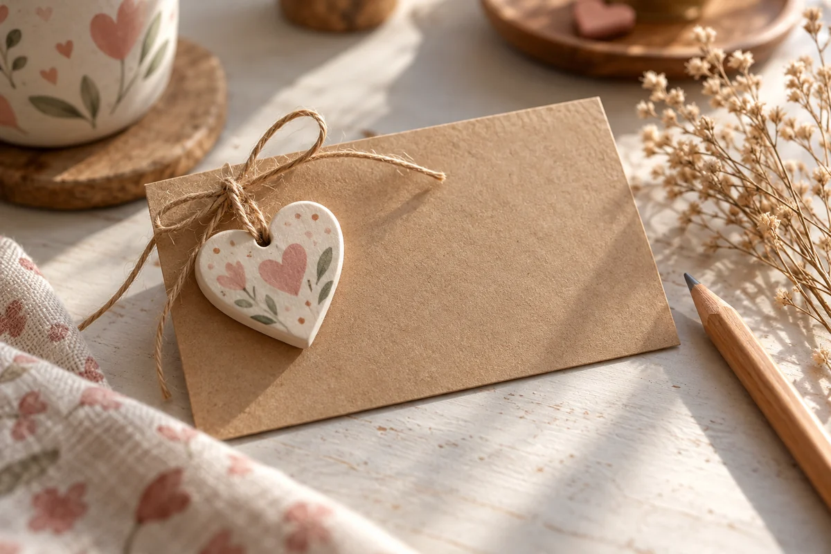 A small keepsake tied to a kraft card on a table with a pencil