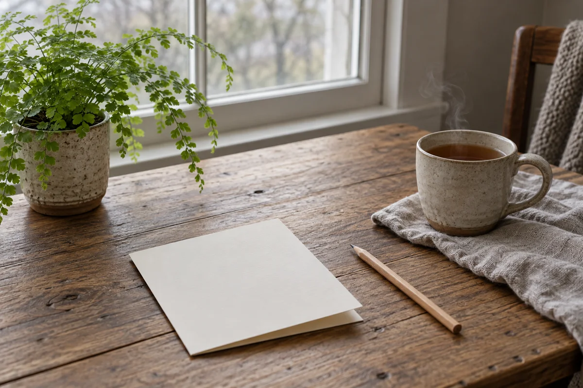 A folded sheet of plain paper and a pencil beside a cup of tea on a quiet table.