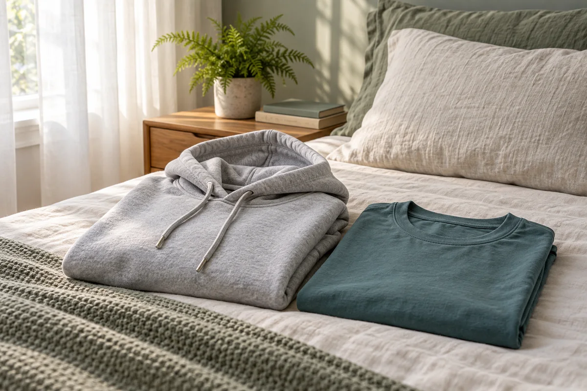 A hoodie and a shirt folded together on a bed with a pillow and a small plant.