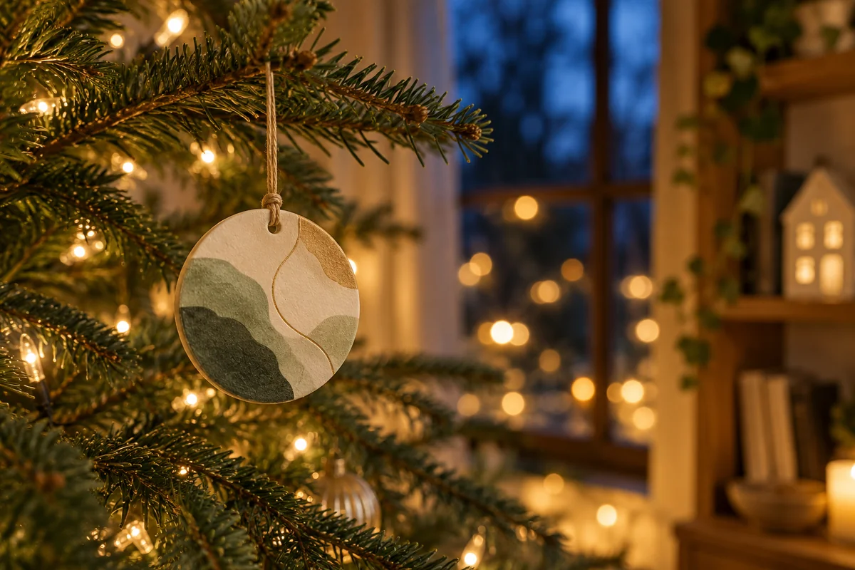 A small family ornament hanging on a tree branch in warm light.