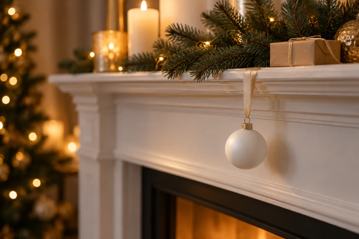 A plain white ornament and a small cardboard gift box on a mantel beside a pine branch.