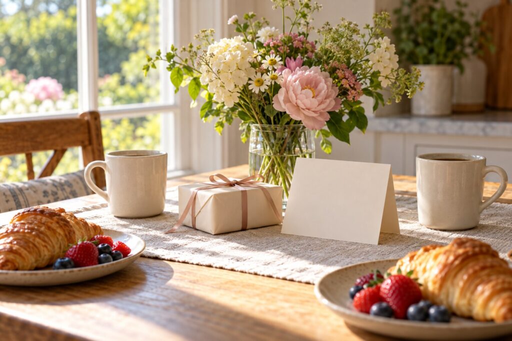 Two mugs, a ribbon-tied gift, a blank card and a vase of flowers on a sunlit table with croissants.
