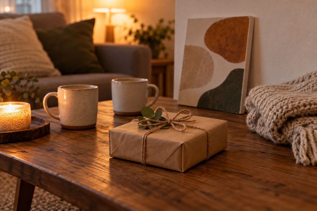 A wrapped gift, a canvas print and two mugs arranged on a table in warm evening light