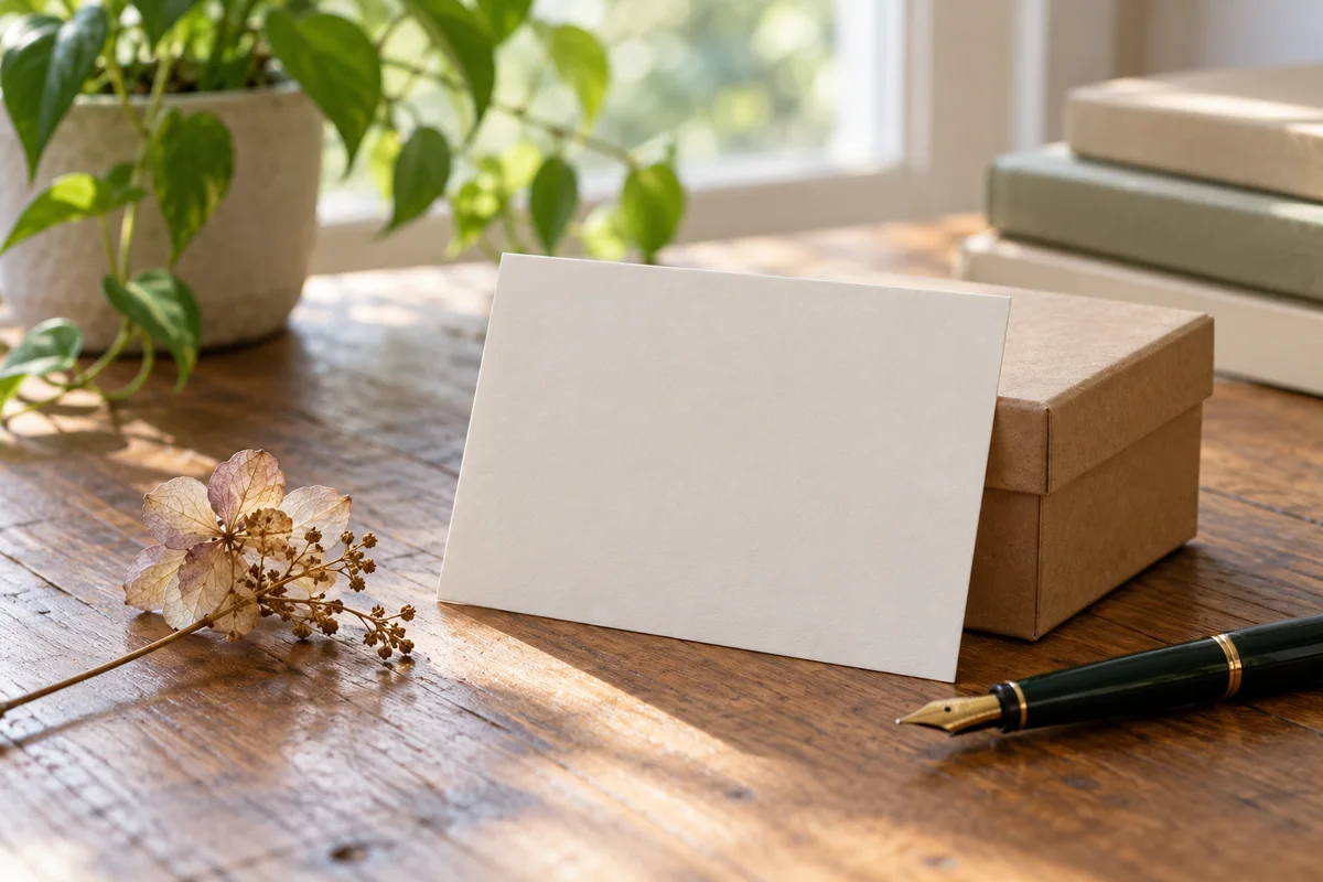 A blank card leaning against a small box on a table with a pressed flower beside it.