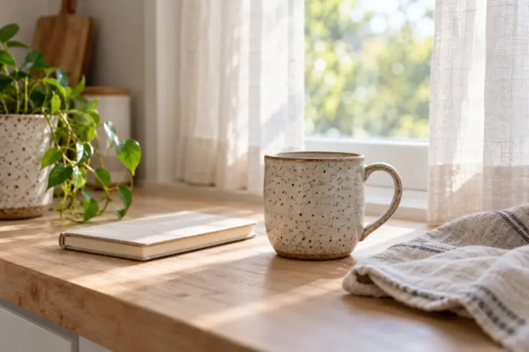 A speckled mug on a counter beside a small notebook and a window with morning light.