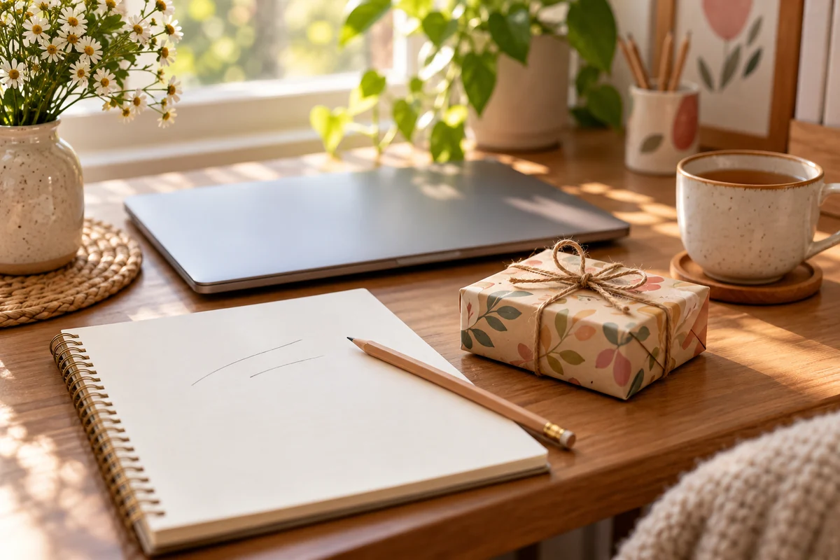 A neat desk with a notepad, a pencil and a small wrapped present beside a laptop