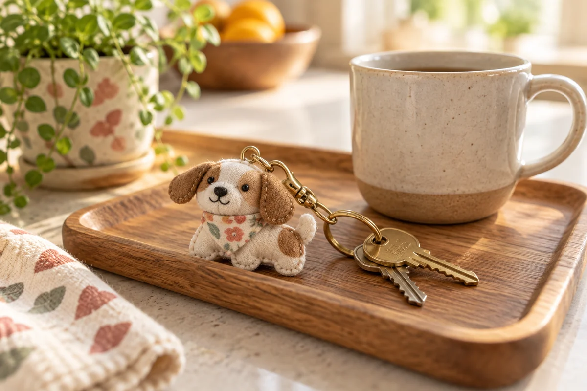 A small keychain on a tray beside a coffee cup