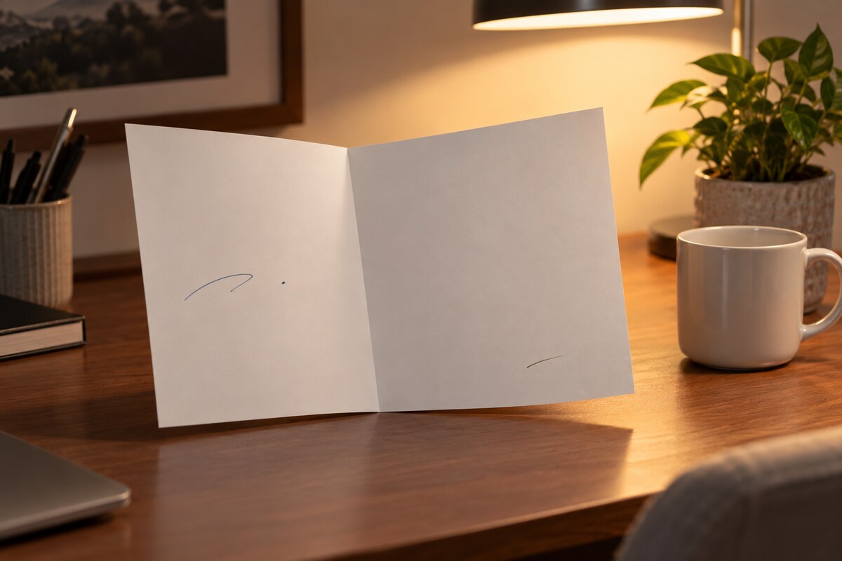 An open blank farewell card beside a mug on an office desk