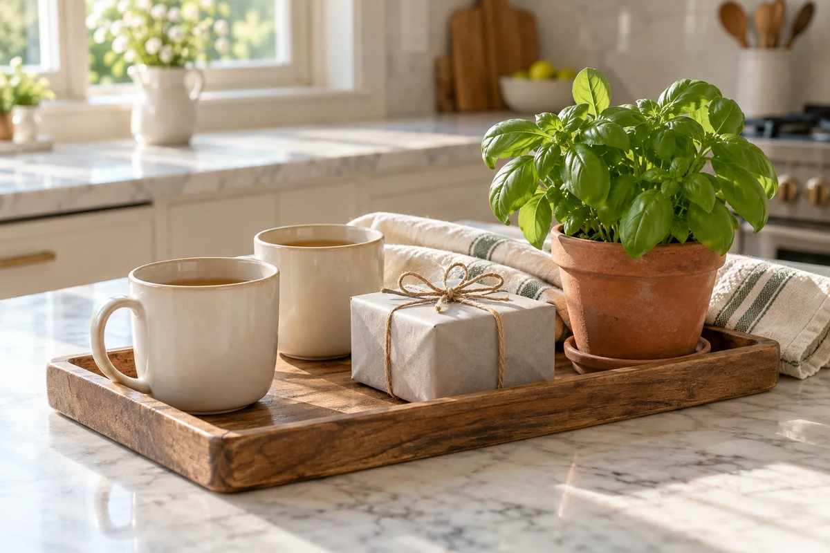 Two plain mugs on a tray beside a small wrapped gift and a pot of herbs.