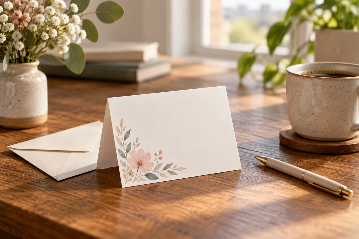 A shared envelope and a blank card on a table