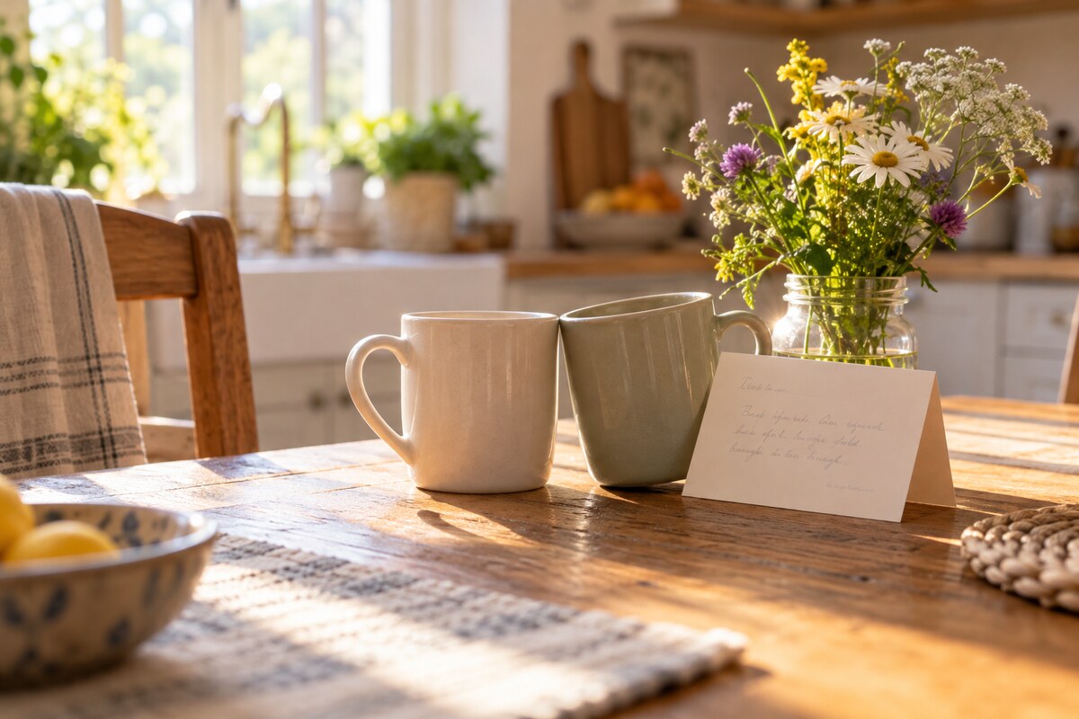 Two matching mugs on a kitchen table beside a handwritten card