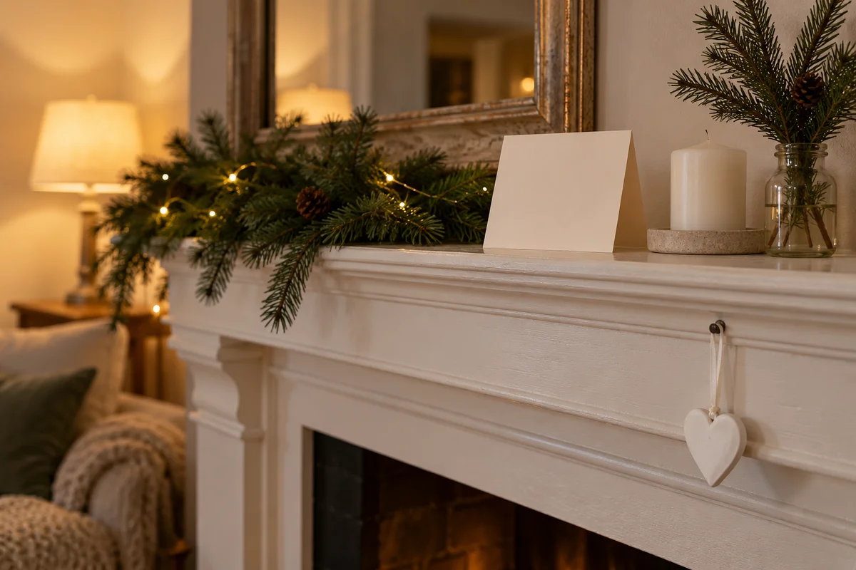 A small plain ornament and a folded blank card on a mantel beside a candle.