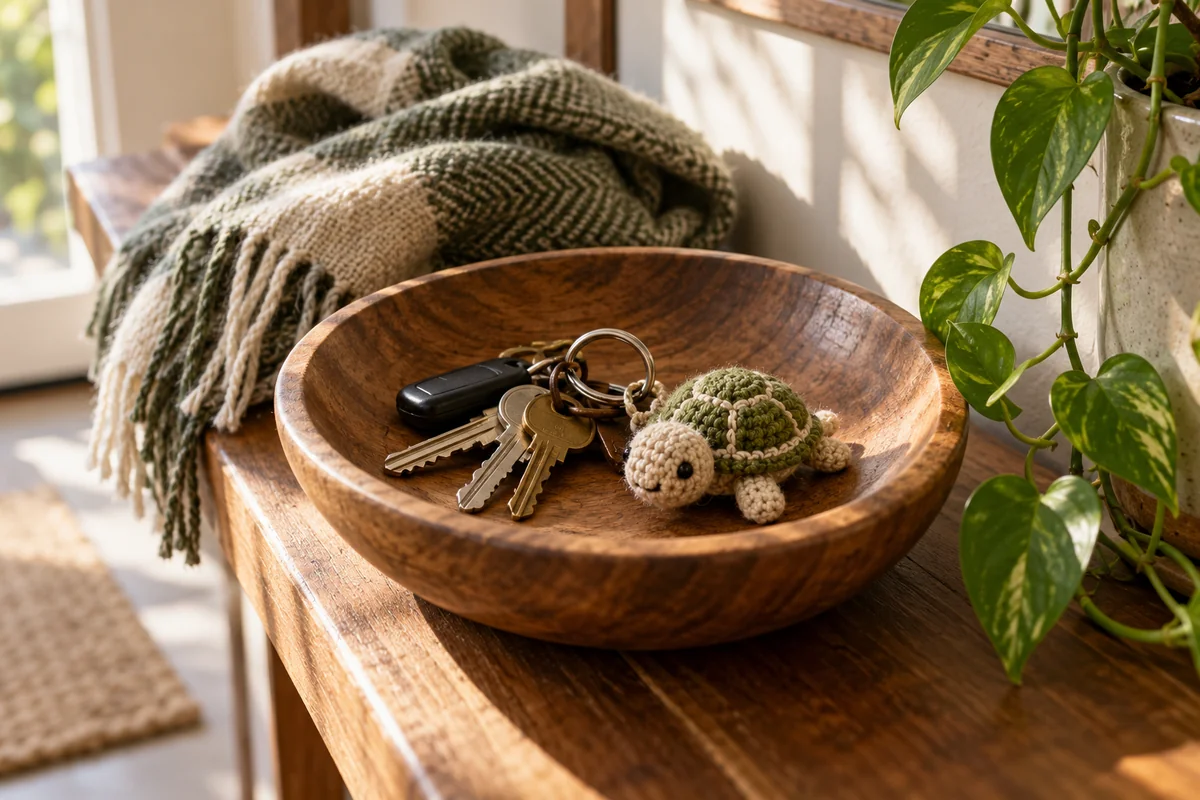 A handmade crochet keychain resting on a ring of keys in a shallow bowl.
