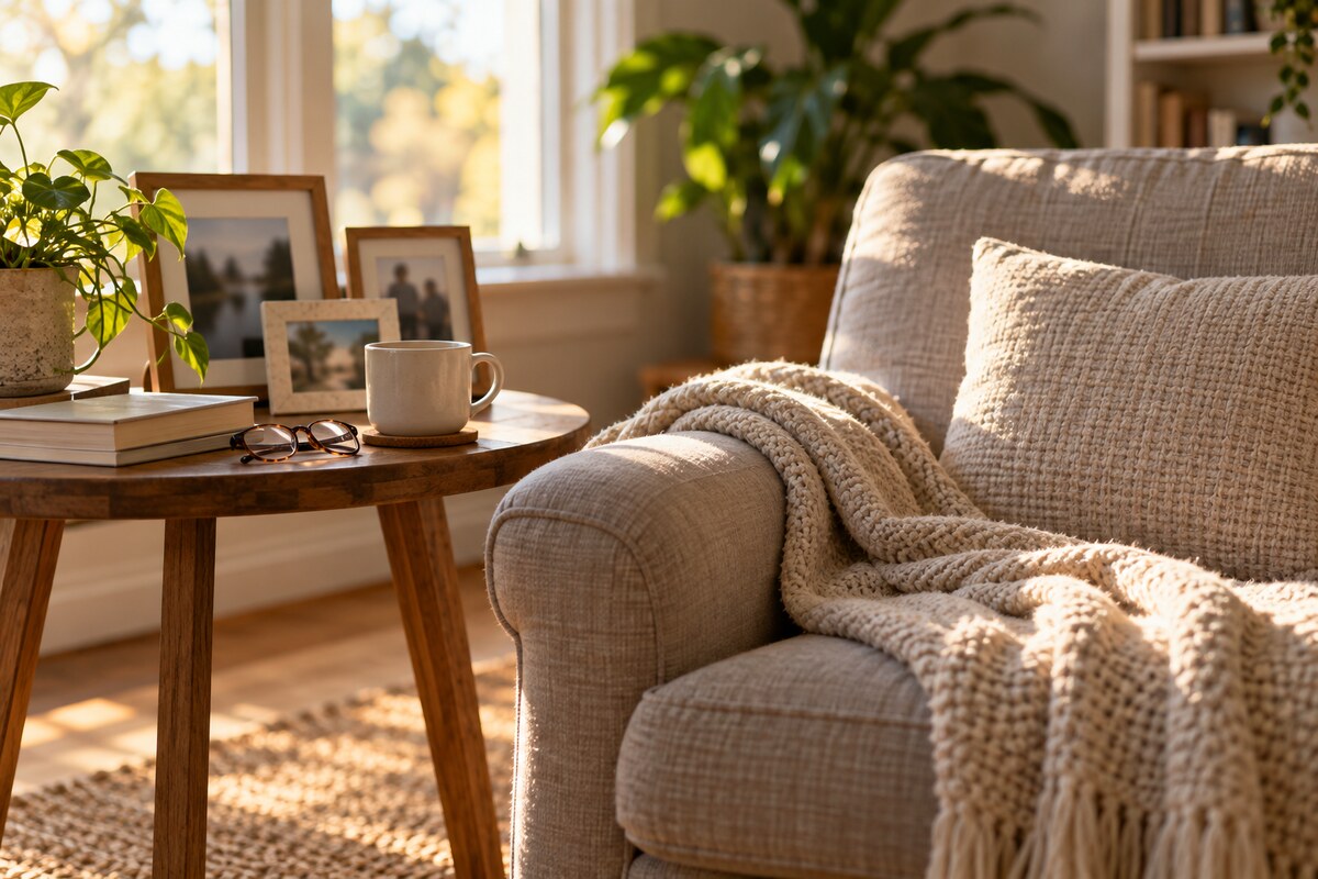 An older relative's armchair with a folded throw and a mug beside a table of framed family photos
